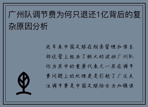 广州队调节费为何只退还1亿背后的复杂原因分析
